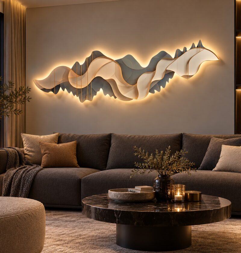Obraz LED 3D abstrakcyjne góry, podświetlany panel ścienny 90 lub 120 cm - nowoczesny salon z grafitową sofą, panel podświetlony nad sofą wieczorem, skala 120 cm