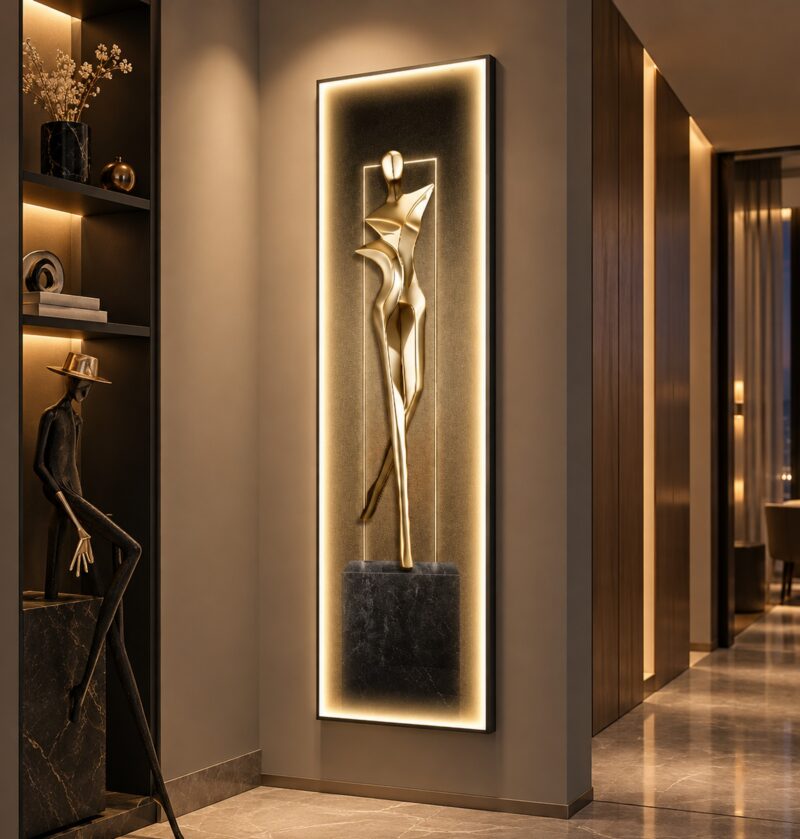 Obraz LED złota figura kobiety, podświetlany kinkiet w ramie aluminiowej - nowoczesny przedpokój w ciepłych szarościach, obraz 30 x 120 cm na wąskiej ścianie, wieczorne światło