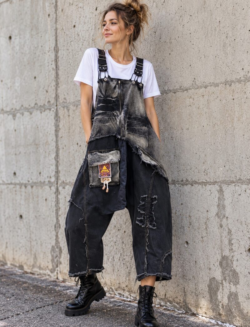 Ogrodniczki jeansowe damskie patchwork, luźne z obniżonym krokiem - modelka w ogrodniczkach i białym T-shircie przy betonowej ścianie