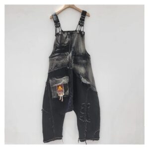 Ogrodniczki jeansowe damskie patchwork, luźne z obniżonym krokiem - wariant wariant