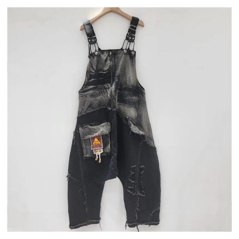 Ogrodniczki jeansowe damskie patchwork, luźne z obniżonym krokiem - wariant wariant
