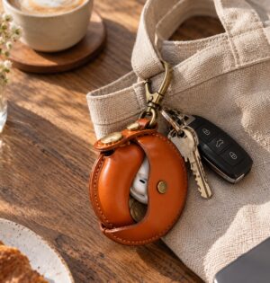 Okrągłe skórzane etui na słuchawki i monety 9 cm z karabińczykiem - drewniany blat, etui otwarte z białymi słuchawkami w pudełku ładującym i monetami, ciepłe światło, bez napisów