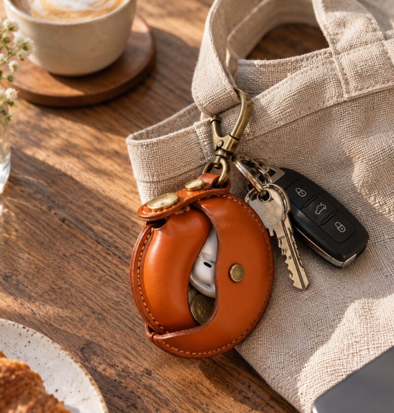 Okrągłe skórzane etui na słuchawki i monety 9 cm z karabińczykiem - drewniany blat, etui otwarte z białymi słuchawkami w pudełku ładującym i monetami, ciepłe światło, bez napisów