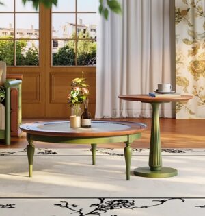 Okrągłe stoliki kawowe vintage 86 i 50 cm, jesion i szkło ryflowane - salon przy oknie, oryginalna scena