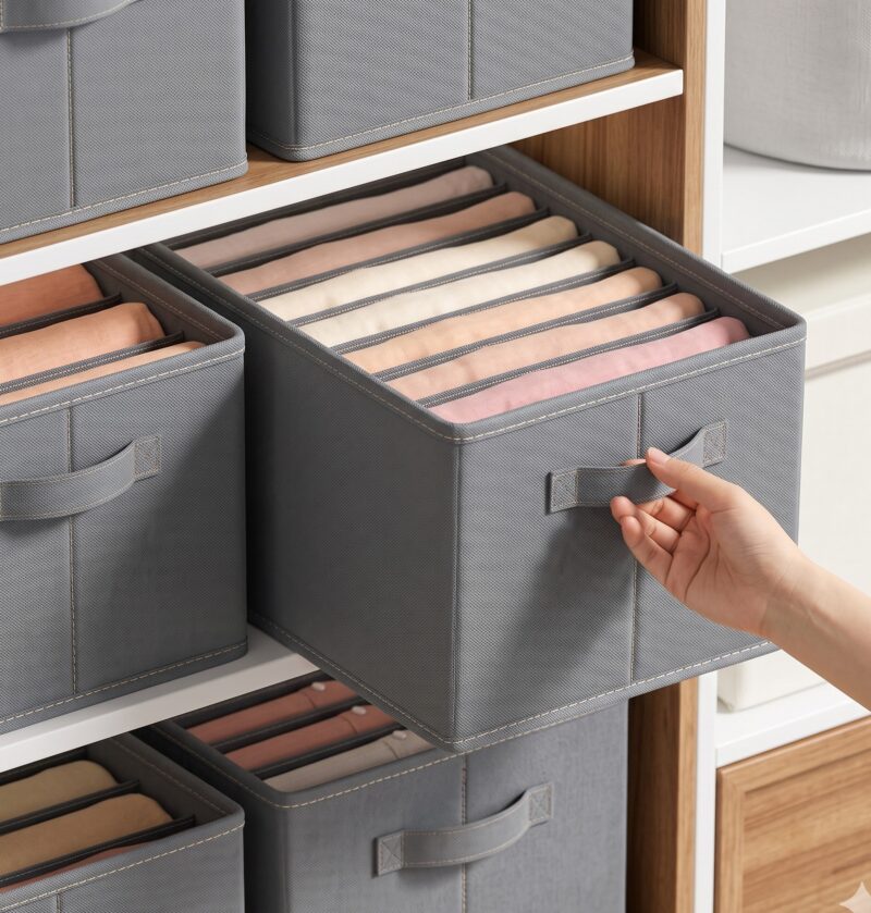 Organizer na ubrania do szafy 44 x 30 x 20 cm, składany, z przegródkami - nowoczesna garderoba, dłoń wysuwa organizer z regału, naturalne światło