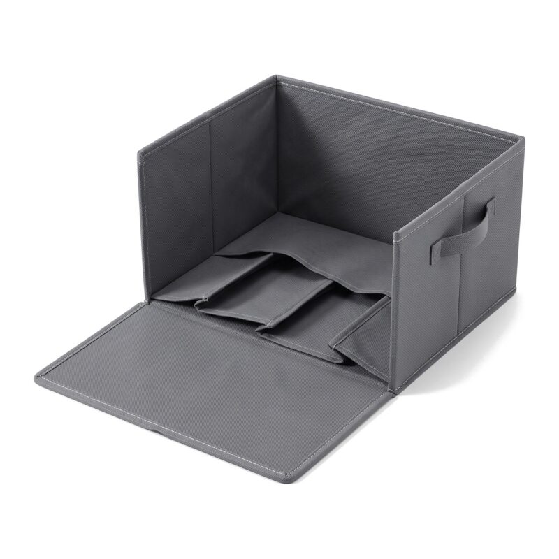 Organizer na ubrania do szafy 44 x 30 x 20 cm, składany, z przegródkami - organizer z rozłożoną przednią ścianką, pokazany sposób składania, białe tło