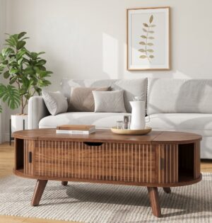 Owalny stolik kawowy z podnoszonym blatem i schowkiem 110 x 50 cm - jasny skandynawski salon z szarą sofą, stolik z opuszczonym blatem