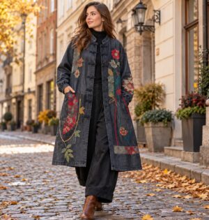 Płaszcz damski oversize z aplikacjami patchwork, długi, granatowy - jesienna ulica, botki i beret