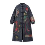 Płaszcz damski oversize z aplikacjami patchwork, długi, granatowy - zdjęcie główne