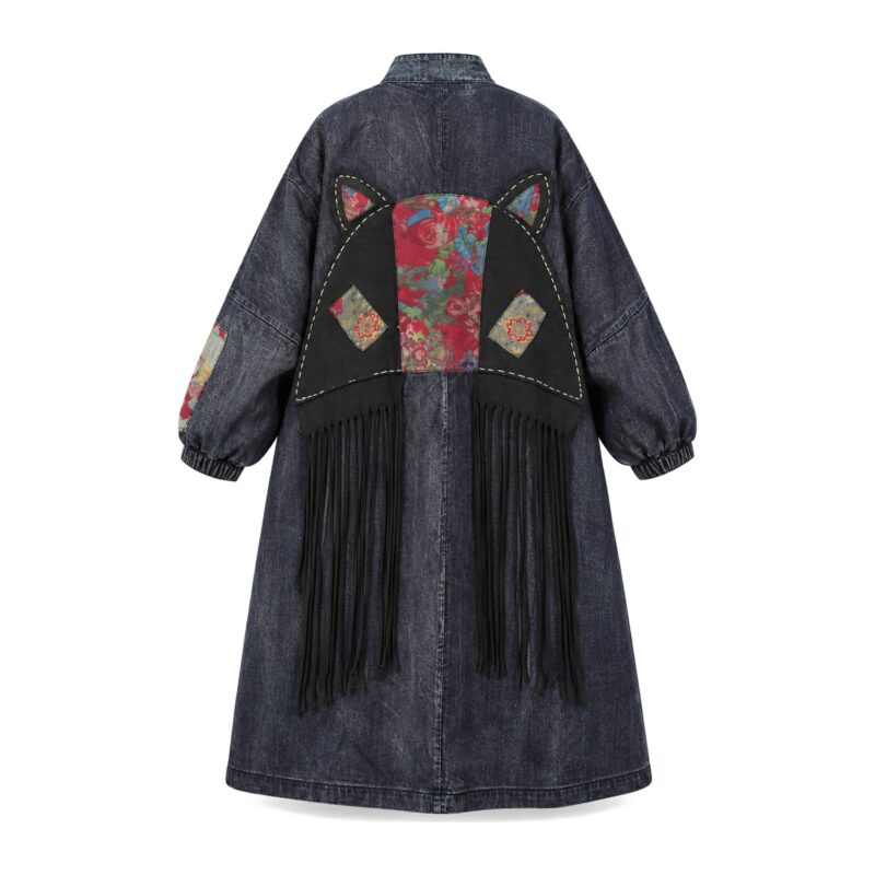 Płaszcz damski oversize z aplikacjami patchwork, długi, granatowy - widok produktu