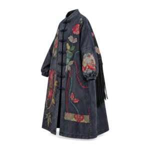 Płaszcz damski oversize z aplikacjami patchwork, długi, granatowy - widok produktu