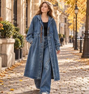 Płaszcz jeansowy damski długi z kapturem, luźny krój linii A, vintage - modelka w niebieskim płaszczu na jesiennej ulicy