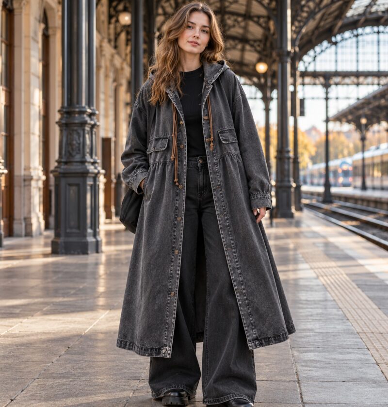 Płaszcz jeansowy damski długi z kapturem, luźny krój linii A, vintage - modelka w czarnym płaszczu na dworcu kolejowym