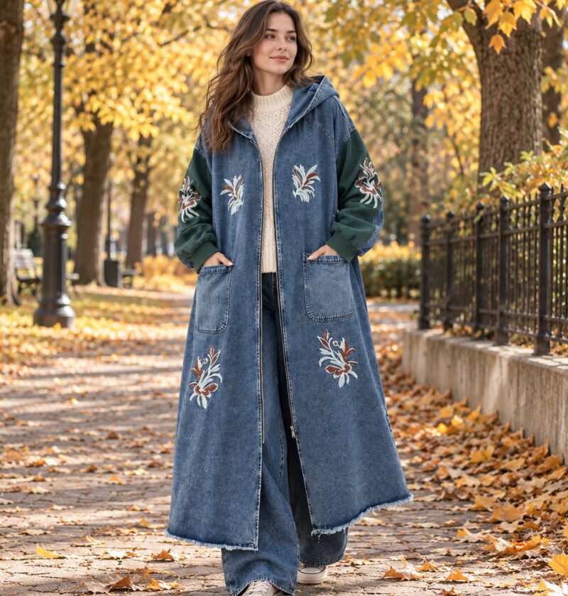 Płaszcz jeansowy damski z kapturem i haftem w kwiaty, długi, oversize - jesienny park, modelka w niebieskim płaszczu, kremowy sweter i białe trampki