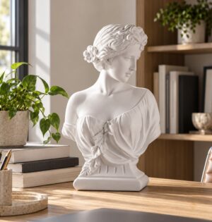 Popiersie Wenus z żywicy 29 cm, biała figurka greckiej bogini - jasny gabinet, popiersie na biurku obok książek