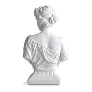 Popiersie Wenus z żywicy 29 cm, biała figurka greckiej bogini - popiersie widziane z tyłu na białym tle: upięte włosy i draperia na plecach