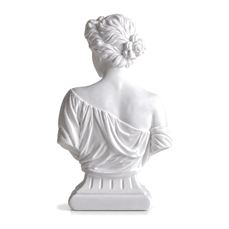 Popiersie Wenus z żywicy 29 cm, biała figurka greckiej bogini - popiersie widziane z tyłu na białym tle: upięte włosy i draperia na plecach