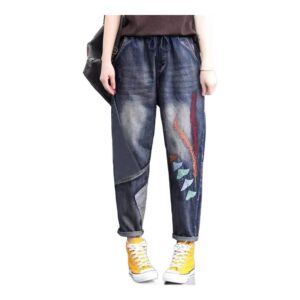 Jeansy damskie baggy plus size, z elastycznego denimu, z haftem