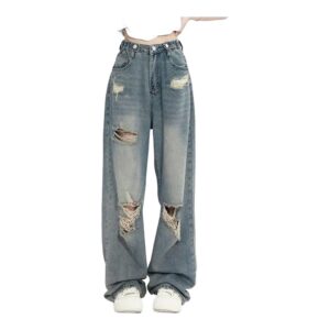 Jeansy damskie baggy z wysokim stanem, z przetarciami, w stylu streetwear