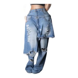 Niebieskie jeansy damskie wide leg z elastycznego denimu, z przetarciami