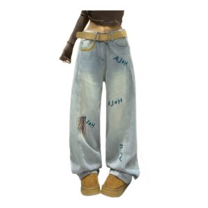 Jeansy damskie baggy z haftem, w stylu Y2K