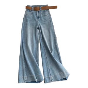 Niebieskie jeansy damskie flare z wysokim stanem, w stylu retro