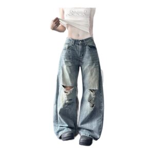 Niebieskie jeansy damskie baggy z wysokim stanem, z przetarciami