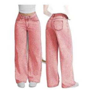 Różowe jeansy damskie wide leg z wysokim stanem, w stylu retro
