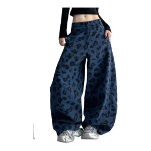 Niebieskie jeansy damskie baggy z wysokim stanem, w panterkę, w stylu Y2K