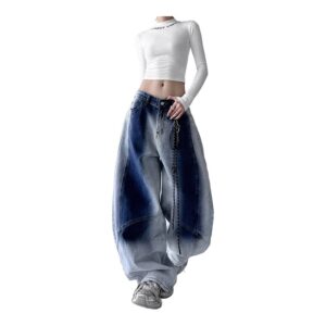 Niebieskie jeansy damskie baggy, w stylu Y2K