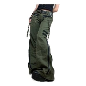 Zielone jeansy damskie cargo z niskim stanem, z nadrukiem, w stylu Y2K