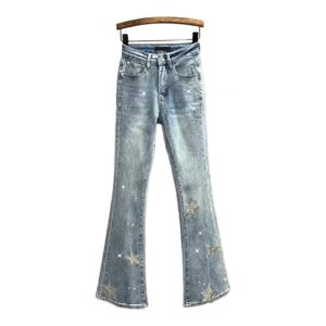 Jeansy damskie slim fit z wysokim stanem, z elastycznego denimu, z haftem