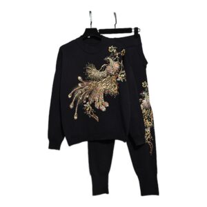 Sweter Z Dzianiny + Spodnie - Zestaw Damski Z Aplikacją