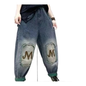Jeansy damskie baggy z wysokim stanem, z elastycznego denimu, patchworkowe