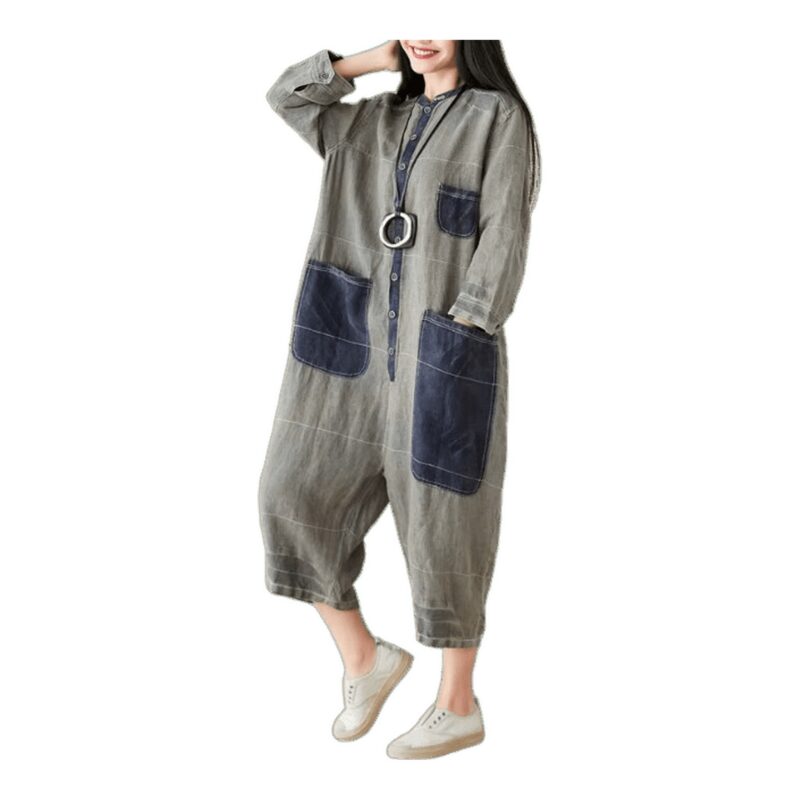 Safari kombinezon damski z bawełny – luźny krój, kieszenie, patchwork, długość 3/4