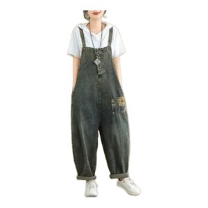 Modne ogrodniczki jeansowe z nadrukiem Vintage – patchworkowy Streetwear