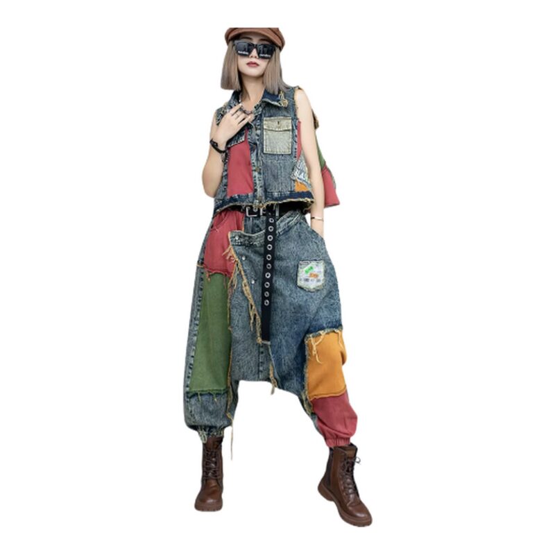 Dwuczęściowy Komplet: Kamizelka Dżinsowa i Luźne Spodnie - Modny Look