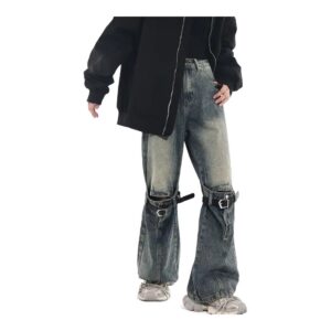 Patchworkowe Jeansy Distressed w Stylu Retro - Unisex