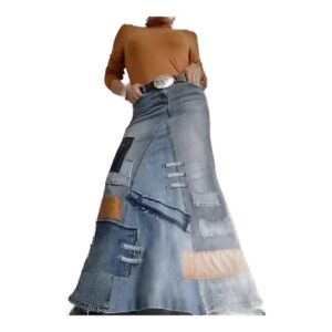 Długa Spódnica Jeansowa Damska Vintage Blue – Stylowy Kontrast Patch