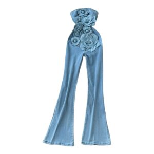 Dżinsowy Kombinezon z Zamkiem i 3D Kwiatowym Wzorem – Elegancki Design