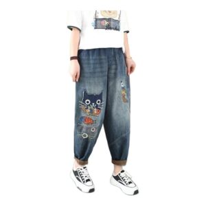Retro Jeansowe Spodnie Harem –  Z Haftem i Patchworkiem