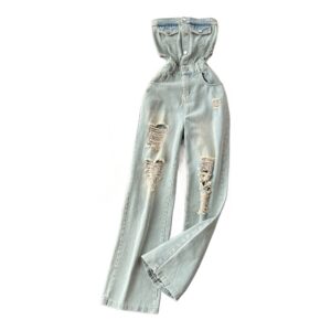 Damskie Ogrodniczki Jeansowe Slim Fit z Dziurami  – Styl Retro & High Street