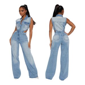 Kombinezon Denim  z Rozcięciami – Elegancki,  Kobiecy Styl na Co Dzień
