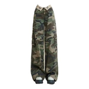 Spodnie Damskie Camouflage Spice Style – Wysoki Stan, Szerokie Nogawki