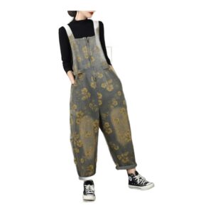 Damskie Ogrodniczki Jeansowe w Kwiaty – Luźny Krój, Styl Boho