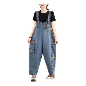 Oversize'owe jeansy damskie z nadrukiem – Casual z efektem patchworku