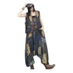 Vintage Patchwork – damski zestaw: kamizelka i ogrodniczki z dekoltem V | Stylowy komplet casual