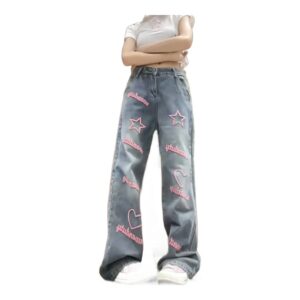 Jeansy damskie wide leg jasny denim z różowymi aplikacjami (serca, gwiazdy)
