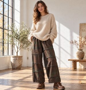Spodnie damskie bawełniane szerokie, cieniowane, wysoki stan, brązowe - sunlit loft studio, model in oversized sweater