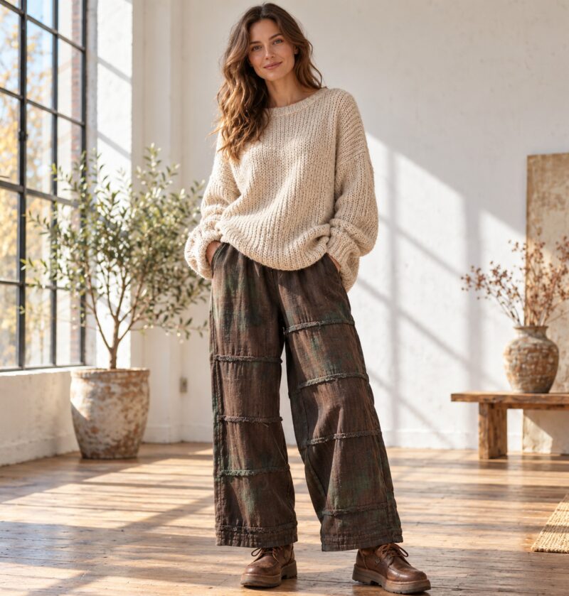 Spodnie damskie bawełniane szerokie, cieniowane, wysoki stan, brązowe - sunlit loft studio, model in oversized sweater